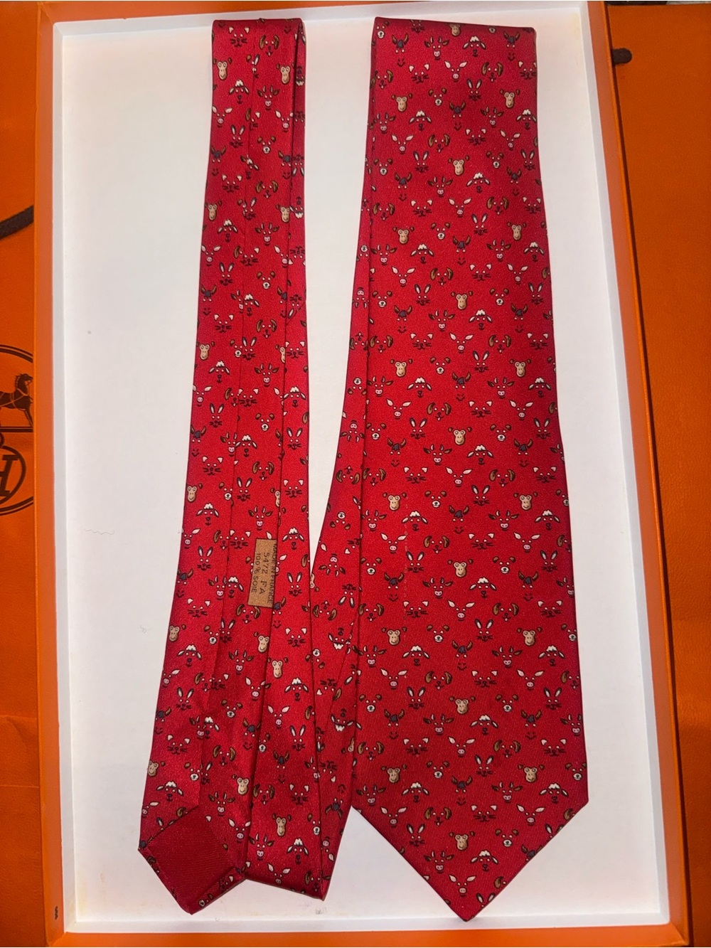 Hermes Red Silk Tie with Animal Heads Pattern
